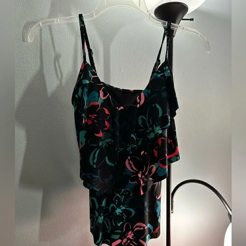 Aqua Green Tiered Tankini Top Black Floral NWT Size Small